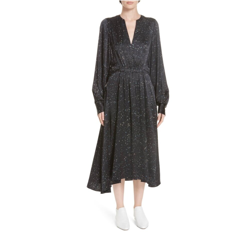 Nwt Vince Constellation Print Midi Poet Dress Womens Xs Black Long Sleeve V-Neck
